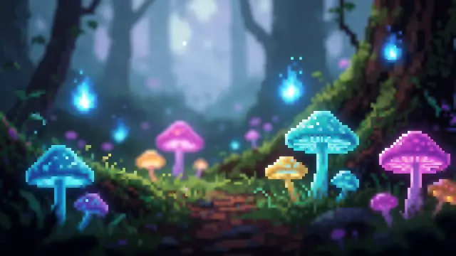 Glowing Mushroom Forest — mushrooms, forest, dark wallpaper