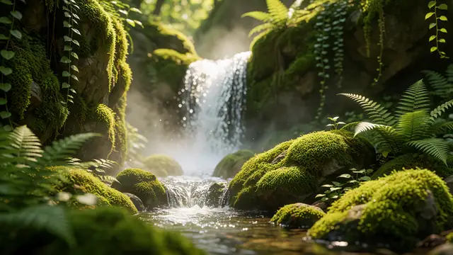 Mossy Waterfall Ferns — forest, nature, waterfall wallpaper