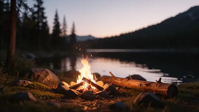 Campfire Lake Dusk — campfire, forest, mountains wallpaper