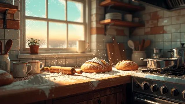 Cottage Kitchen Morning — cozy, cottagecore, vintage wallpaper