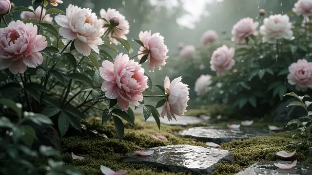 Pink Peonies in Rain — flowers, rain, nature wallpaper