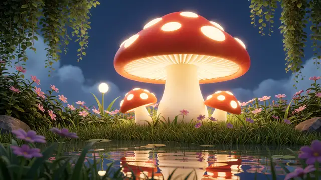 Glowing Toadstools — mushrooms, night, flowers wallpaper