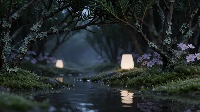 Lantern Grove — night, flowers, forest wallpaper